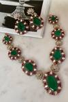 Shop_Saga Jewels_Green Gemstones, Rhinestones Designer Necklace And Earring Set _at_Aza_Fashions