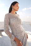 Shop_House Of Sikka_Silver Net Beads, Sequins Boat Neck Designer Gown _Online_at_Aza_Fashions