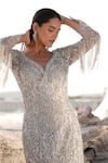 Shop_House Of Sikka_Silver Net Beads V-neck Designer Gown _Online_at_Aza_Fashions