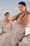 Shop_House Of Sikka_Silver Net Beads, Sequins Round Neck Designer Gown 