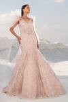 Shop_House Of Sikka_Pink Net, Satin Sequins, Beads V-neck Designer Gown _at_Aza_Fashions