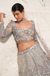 House Of Sikka_Gray Net Sequins, Embroidery Round Neck Steel Grey Embellished Lehenga Set _at_Aza_Fashions