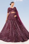 Buy_House Of Sikka_Wine Net Sequins, Beads, Embroidery Round Neck Lehenga Set _at_Aza_Fashions