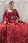 Shop_House Of Sikka_Red Net Beads, Sequins, Embroidery Round Neck Rose Designer Lehenga Set _Online_at_Aza_Fashions
