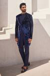 Shop_Yajy By Aditya Jain_Navy Silk, Velvet Embroidery Moonlit Mirage Bandhgala Set _at_Aza_Fashions