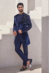 Buy_Yajy By Aditya Jain_Navy Silk, Velvet Embroidery Moonlit Mirage Bandhgala Set _at_Aza_Fashions