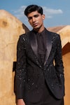 Shop_Amaare_Black Cotton Sequins, Embroidery Designer Ball Chain Tuxedo Set _at_Aza_Fashions