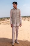 Buy_Amaare_Gold Chanderi, Silk Embroidery Interlace Nehru Jacket Set _at_Aza_Fashions