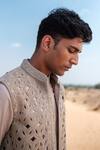 Shop_Amaare_Gold Chanderi, Silk Embroidery Interlace Nehru Jacket Set _Online_at_Aza_Fashions