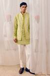 Buy_Amaare_Green Silk Embroidery Mint Bandahji Nehru Jacket Set _at_Aza_Fashions