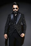 Shop_Courtyard By Abhi_Black Lycra Sequins, Embroidery Japanese Tuxedo Set _Online_at_Aza_Fashions