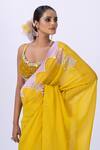 Merge Design_Yellow Organza, Chiffon Embroidery Plunge Neck Floral Blouse And Saree _Online_at_Aza_Fashions