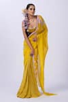 Merge Design_Yellow Organza, Chiffon Embroidery Plunge Neck Floral Blouse And Saree _at_Aza_Fashions