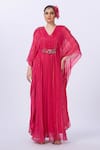 Buy_Merge Design_Pink Georgette Embroidery V-neck Self Textured Kaftan _at_Aza_Fashions