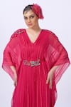 Merge Design_Pink Georgette Embroidery V-neck Self Textured Kaftan _at_Aza_Fashions