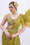 Merge Design_Green Organza, Chiffon Mirrors, Applique Scoop Neck Designer Blouse And Saree _Online_at_Aza_Fashions