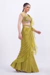 Buy_Merge Design_Green Organza, Chiffon Mirrors, Applique Scoop Neck Designer Blouse And Saree _Online_at_Aza_Fashions