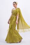 Shop_Merge Design_Green Organza, Chiffon Mirrors, Applique Scoop Neck Designer Blouse And Saree _Online_at_Aza_Fashions