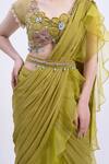 Merge Design_Green Organza, Chiffon Mirrors, Applique Scoop Neck Designer Blouse And Saree _at_Aza_Fashions