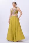 Buy_Merge Design_Green Georgette, Chiffon Mirrors, Applique Round Neck Embroidered Lehenga Set _at_Aza_Fashions