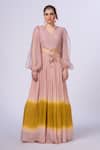 Merge Design_Peach Organza, Chiffon Beads V-neck Thread Work Lehenga Set _Online_at_Aza_Fashions
