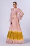Buy_Merge Design_Peach Organza, Chiffon Beads V-neck Thread Work Lehenga Set _Online_at_Aza_Fashions