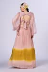 Shop_Merge Design_Peach Organza, Chiffon Beads V-neck Thread Work Lehenga Set _at_Aza_Fashions