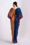 Shop_Merge Design_Orange Modal, Satin Embroidery V-neck Color Block Kaftan With Belt _at_Aza_Fashions