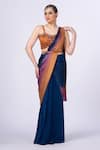 Buy_Merge Design_Blue Modal, Satin Beads Round Neck Embellished Pre-draped Saree Set _at_Aza_Fashions
