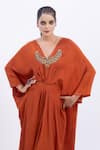 Buy_Merge Design_Orange Crepe Beads V-neck Designer Kaftan With Embroidery _Online_at_Aza_Fashions