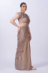 Merge Design_Beige Chiffon Applique V-neck Pre-draped Saree Set _Online_at_Aza_Fashions
