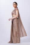 Buy_Merge Design_Beige Chiffon Applique V-neck Pre-draped Saree Set _Online_at_Aza_Fashions