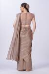 Shop_Merge Design_Beige Chiffon Applique V-neck Pre-draped Saree Set _at_Aza_Fashions