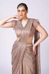 Shop_Merge Design_Beige Chiffon Applique V-neck Pre-draped Saree Set _Online_at_Aza_Fashions