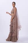Merge Design_Beige Chiffon, Net Embroidery, Fabric Flowers Sweetheart Layered Pant Shrug Set _Online_at_Aza_Fashions