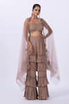 Buy_Merge Design_Beige Chiffon, Net Embroidery, Fabric Flowers Sweetheart Layered Pant Shrug Set _at_Aza_Fashions