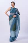 Buy_Merge Design_Blue Chiffon, Silk Embroidery, Fabric Flowers, Designer Saree And Blouse Set _at_Aza_Fashions