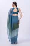 Shop_Merge Design_Blue Chiffon, Silk Embroidery, Fabric Flowers, Designer Saree And Blouse Set _at_Aza_Fashions