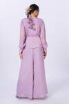 Shop_Merge Design_Lavender Chiffon Applique, Embroidery V-neck Purple Top And Pant Set _at_Aza_Fashions