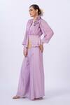 Shop_Merge Design_Lavender Chiffon Applique, Embroidery V-neck Purple Top And Pant Set _Online_at_Aza_Fashions