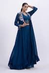 Buy_Merge Design_Blue Modal, Satin, Organza, Chiffon Beads V-neck, Embroidered Top Pant Shrug Set _at_Aza_Fashions