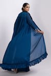 Shop_Merge Design_Blue Modal, Satin, Organza, Chiffon Beads V-neck, Embroidered Top Pant Shrug Set _at_Aza_Fashions
