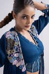 Merge Design_Blue Modal, Satin, Organza, Chiffon Beads V-neck, Embroidered Top Pant Shrug Set _at_Aza_Fashions