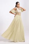Shop_Merge Design_Green Chiffon, Crepe V-neck Pleated Dress With Padded Bodice _Online_at_Aza_Fashions