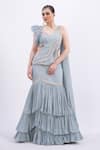 Buy_Merge Design_Blue Organza, Chiffon Beads, Embroidery Designer Pre-draped Saree And Blouse Set _at_Aza_Fashions