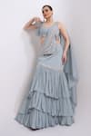 Merge Design_Blue Organza, Chiffon Beads, Embroidery Designer Pre-draped Saree And Blouse Set _at_Aza_Fashions