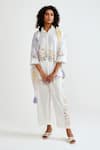 Rainas_Multi Color Cotton, Linen Embroidery, Lace Collared Petal Plaid Shirt And Pant Set _Online_at_Aza_Fashions
