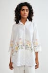 Rainas_Multi Color Cotton, Linen Embroidery, Lace Collared Petal Plaid Shirt And Pant Set _at_Aza_Fashions