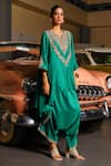 Buy_Sabe_Green Silk Embroidery Split V-neck Ravya Emerald Kurta And Harem Pant Set _at_Aza_Fashions