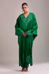Anamika Khanna_Emerald Green Embroidery V-neck Kaftan And Pant Set _at_Aza_Fashions